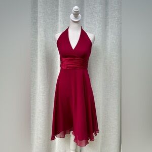 Maggy London burgundy mulberry red halter silk midi dress